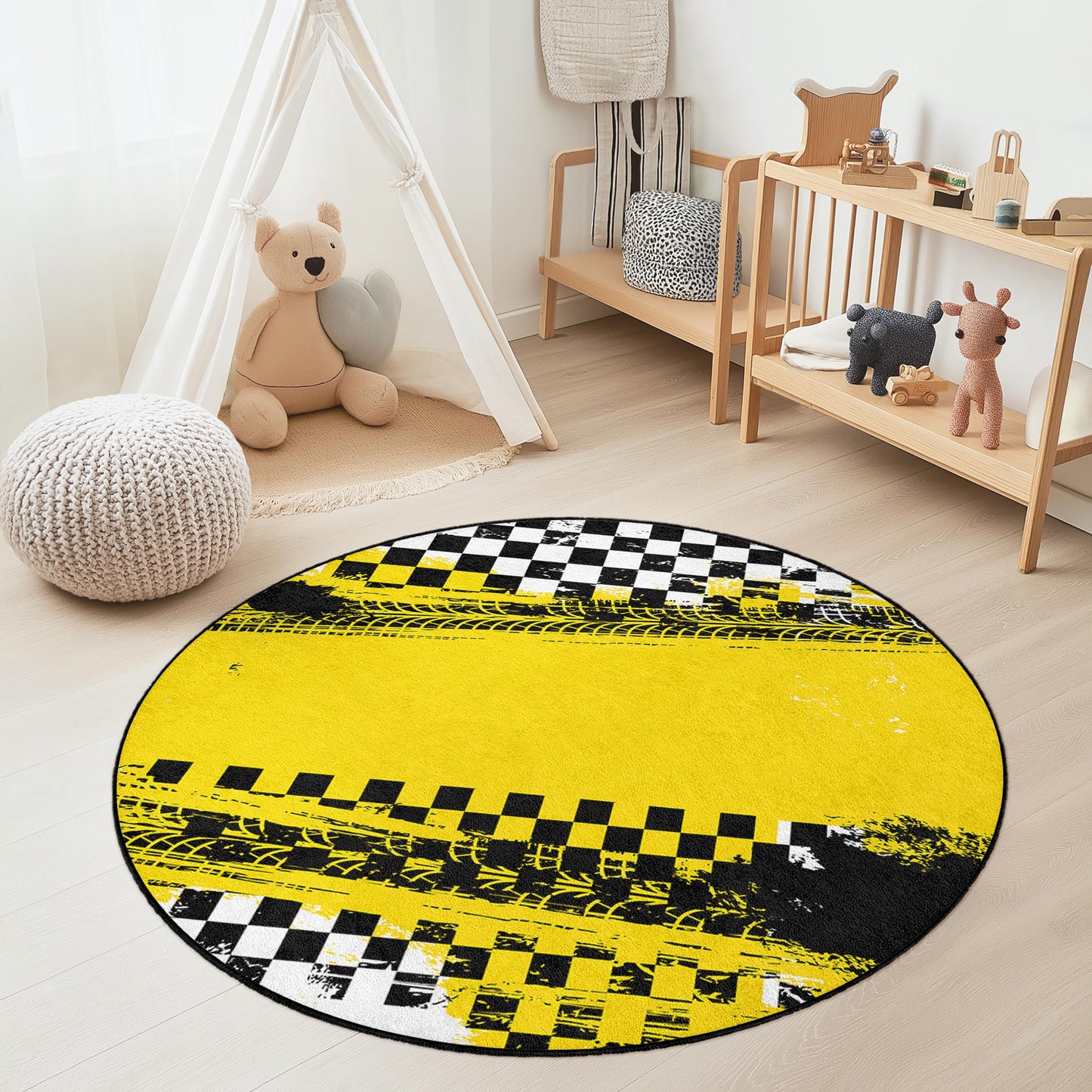 Vibrant Yellow Checkered Round Kids Play Rug, Tire Tracks Fun Carpet, Playroom Decor, Nursery Rug, Soft Play Mat for Children