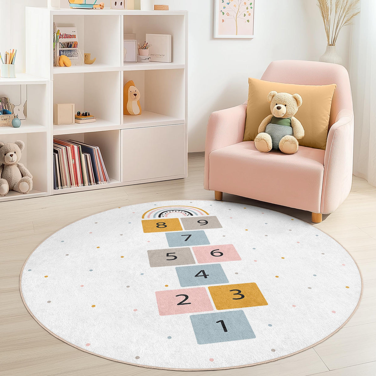 Hopscotch Rainbow Round Kids Play Rug, Soft Play Mat for Kids Room ...