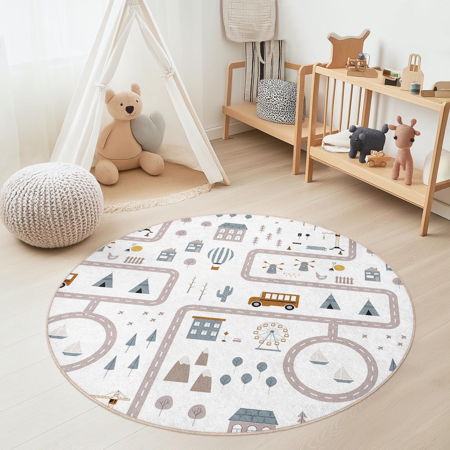 Playful Road Map Round Rug for Kids, Soft Kids Room Carpet, Nursery Decor, Interactive Play Mat, Adorable Childrens Rug