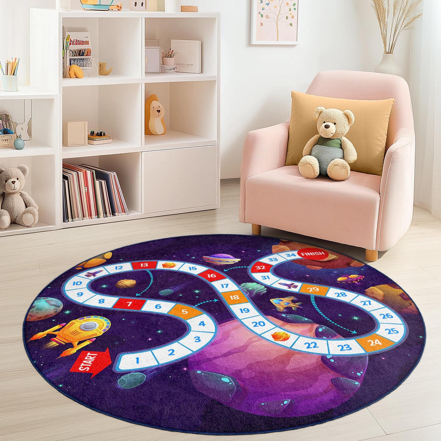 Space Adventure Round Kids Play Rug, Galaxy Theme Carpet, Kids Room Decor, Interactive Play Mat, Educational Play Rug