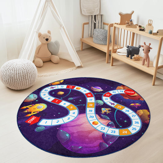 Space Adventure Round Kids Play Rug, Galaxy Theme Carpet, Kids Room Decor, Interactive Play Mat, Educational Play Rug