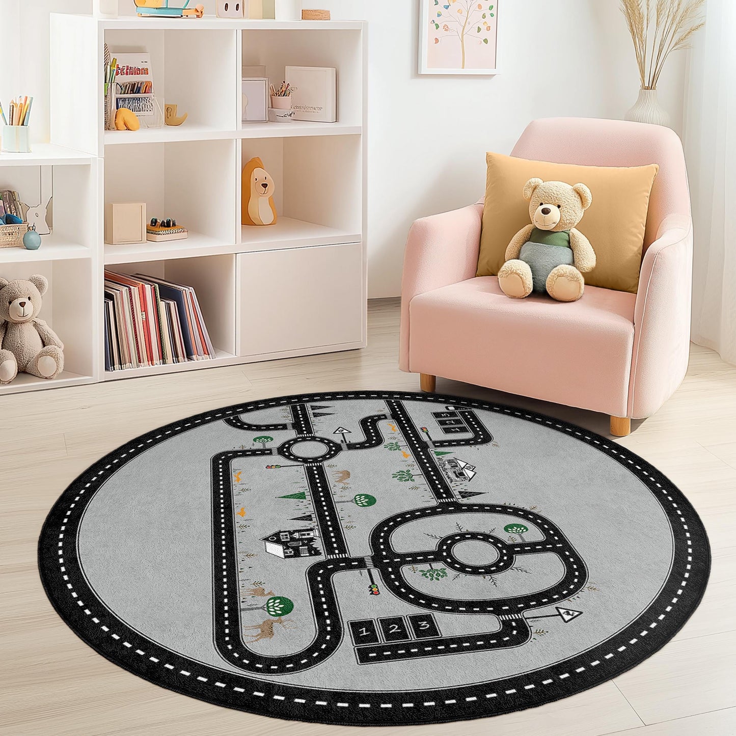Road Map Playful Round Kids Rug, Interactive Nursery Carpet, Soft Play Mat for Children, Playroom Decor, Imaginative Play Rug