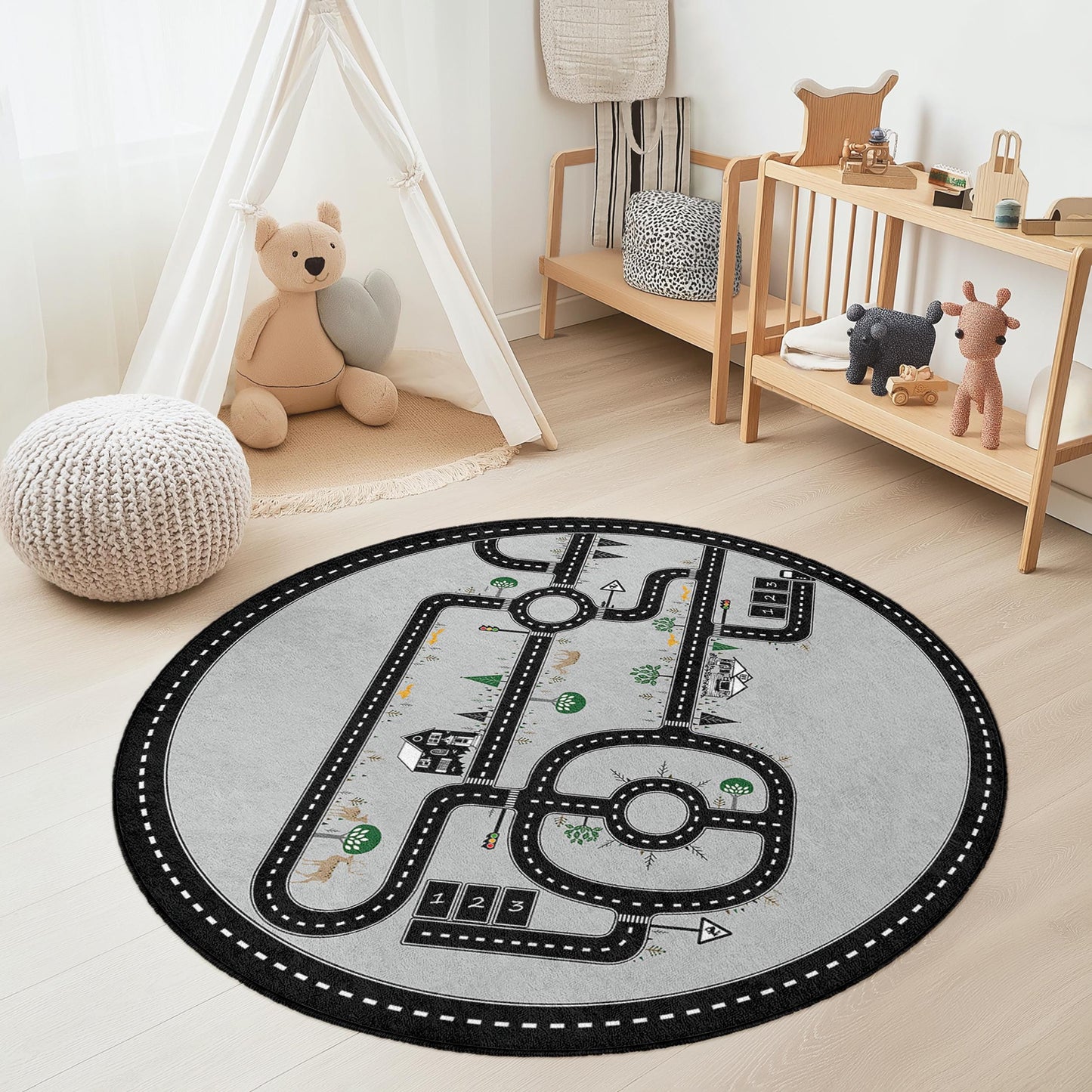 Road Map Playful Round Kids Rug, Interactive Nursery Carpet, Soft Play Mat for Children, Playroom Decor, Imaginative Play Rug