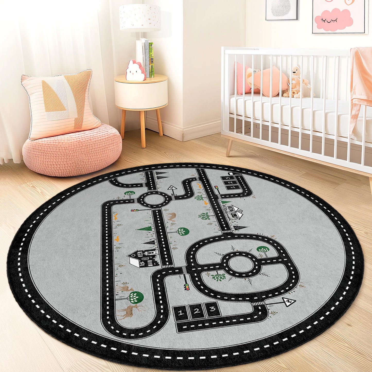Road Map Playful Round Kids Rug, Interactive Nursery Carpet, Soft Play Mat for Children, Playroom Decor, Imaginative Play Rug