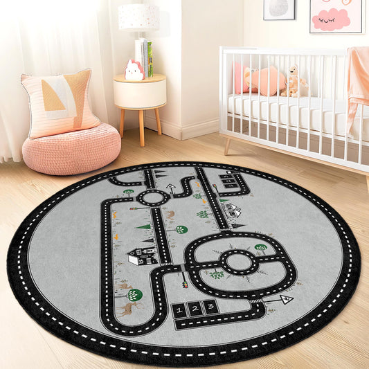 Road Map Playful Round Kids Rug, Interactive Nursery Carpet, Soft Play Mat for Children, Playroom Decor, Imaginative Play Rug