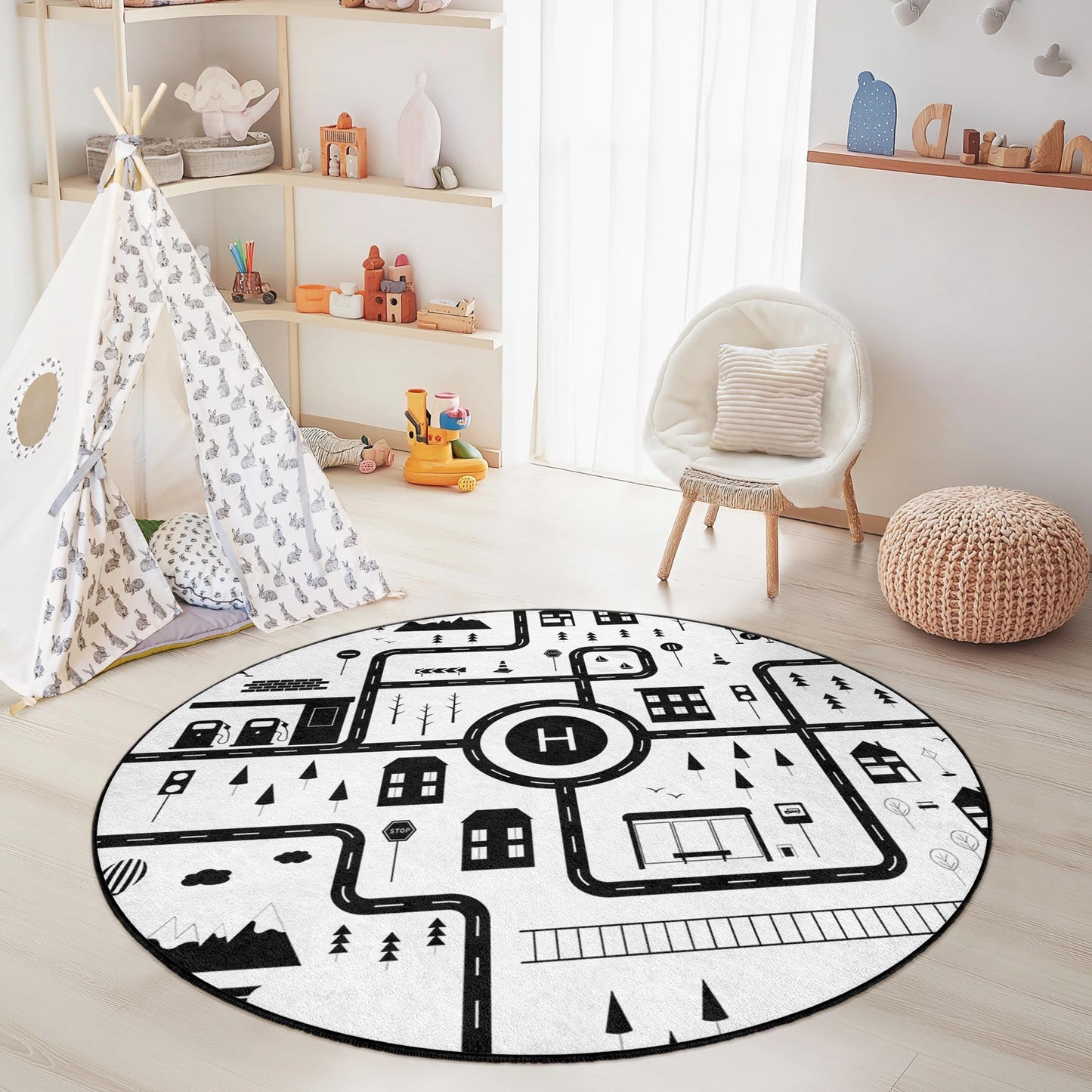 Playful Road Map Round Kids Rug, Black and White Road Rug, Soft Play Mat for Kids Room, Nursery Decor, Interactive Play Area