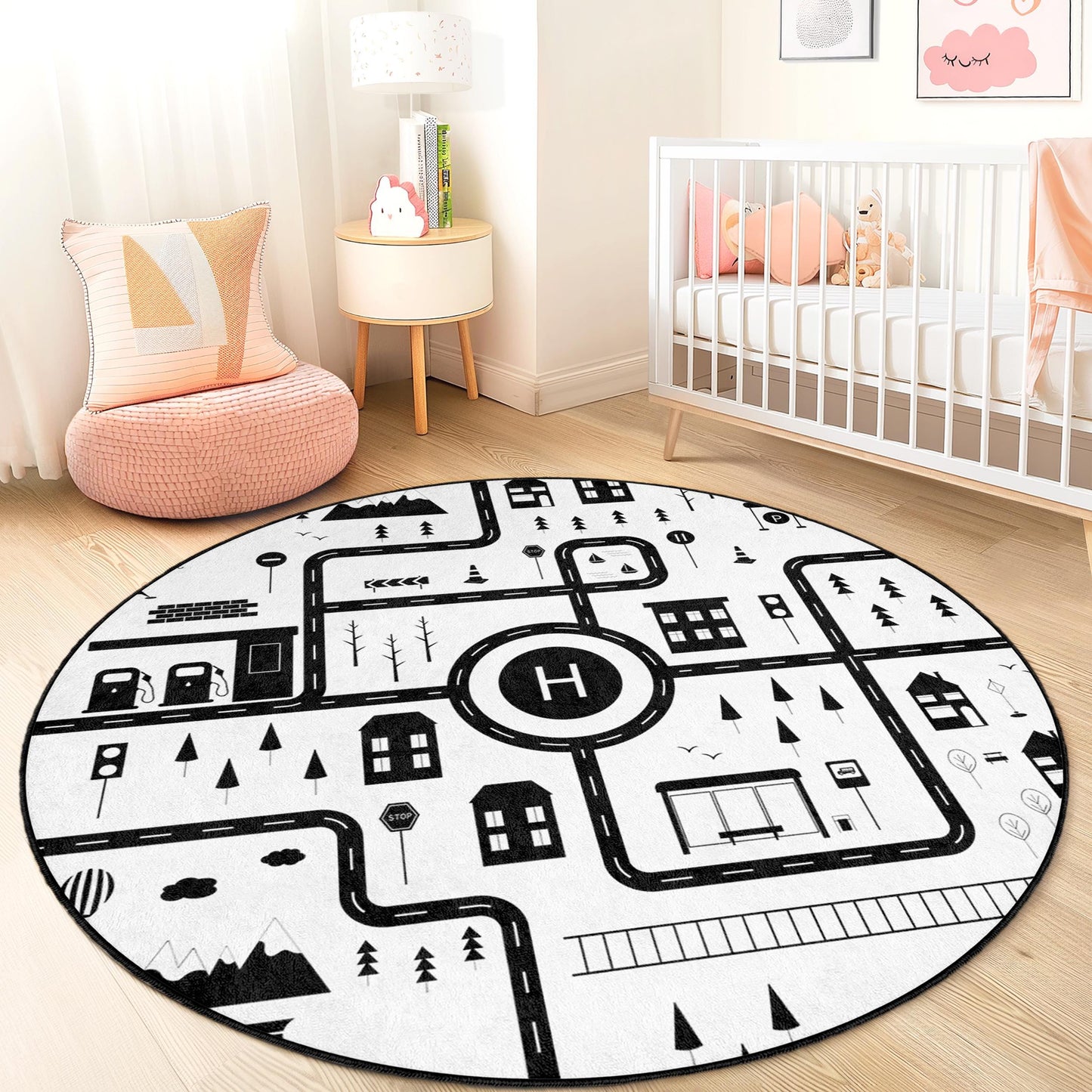 Playful Road Map Round Kids Rug, Black and White Road Rug, Soft Play Mat for Kids Room, Nursery Decor, Interactive Play Area