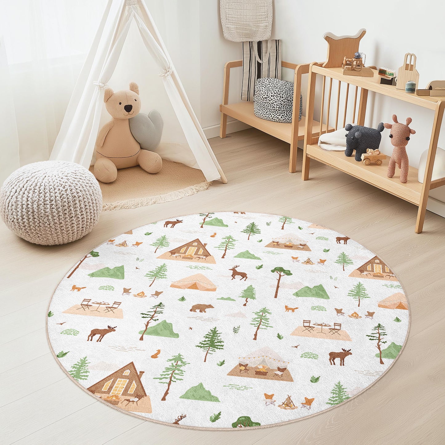 Forest Adventure Round Kids Rug, Animal Camp Rug, Woodland Play Mat, Kids Room Decor, Nature Themed Rug, Round Kids Carpet
