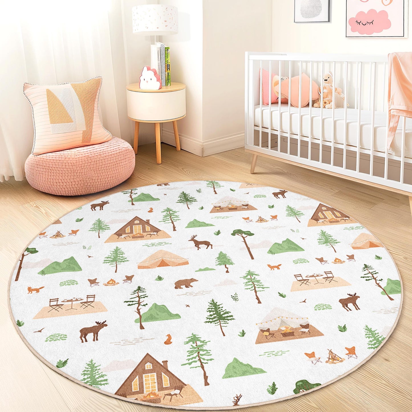 Forest Adventure Round Kids Rug, Animal Camp Rug, Woodland Play Mat, Kids Room Decor, Nature Themed Rug, Round Kids Carpet