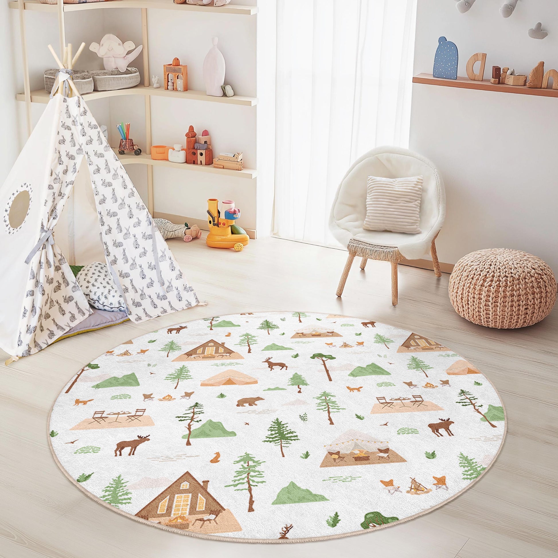 Forest Adventure Round Kids Rug, Animal Camp Rug, Woodland Play Mat, Kids Room Decor, Nature Themed Rug, Round Kids Carpet