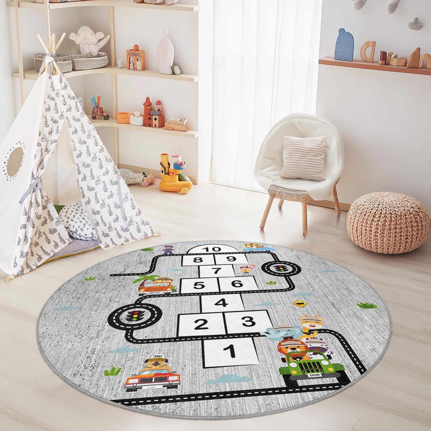 Hopscotch Adventure Round Kids Play Rug, Interactive Play Mat for Kids Room, Fun Road Map Rug, Nursery Decor, Playroom Carpet