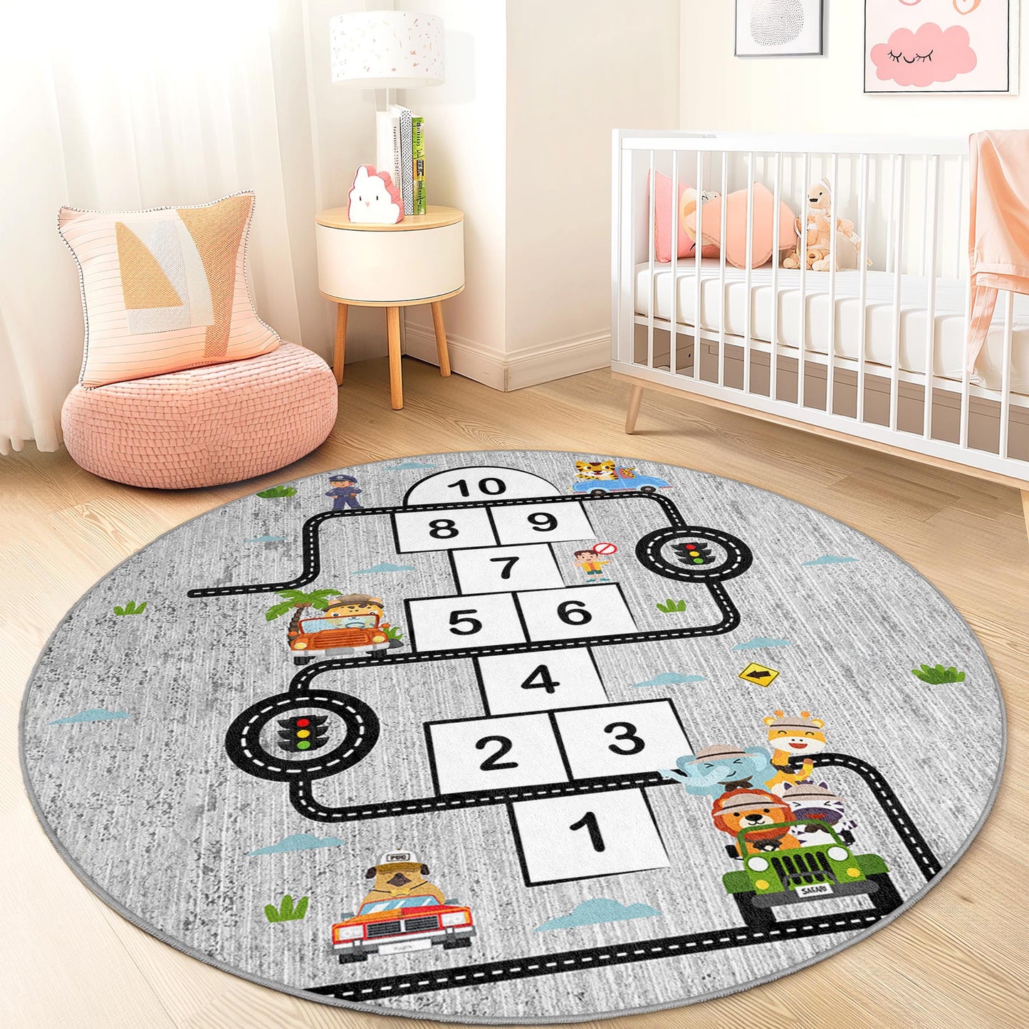 Hopscotch Adventure Round Kids Play Rug, Interactive Play Mat for Kids Room, Fun Road Map Rug, Nursery Decor, Playroom Carpet