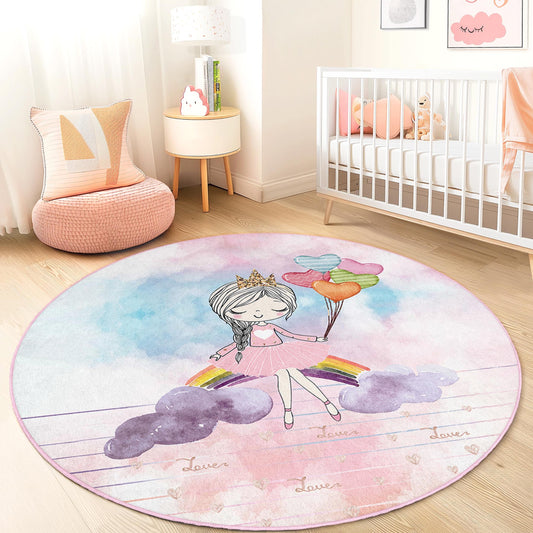 Whimsical Princess Round Kids Rug, Colorful Balloon Nursery Carpet, Playroom Decor, Soft Play Mat for Girls Room, Rainbow Design