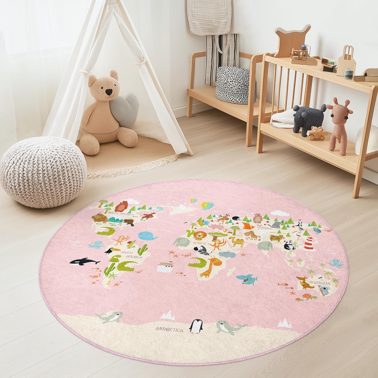World Map Kids Play Rug, Round Animal Adventure Rug, Nursery Decor, Interactive Play Mat for Children, Soft and Cozy Carpet