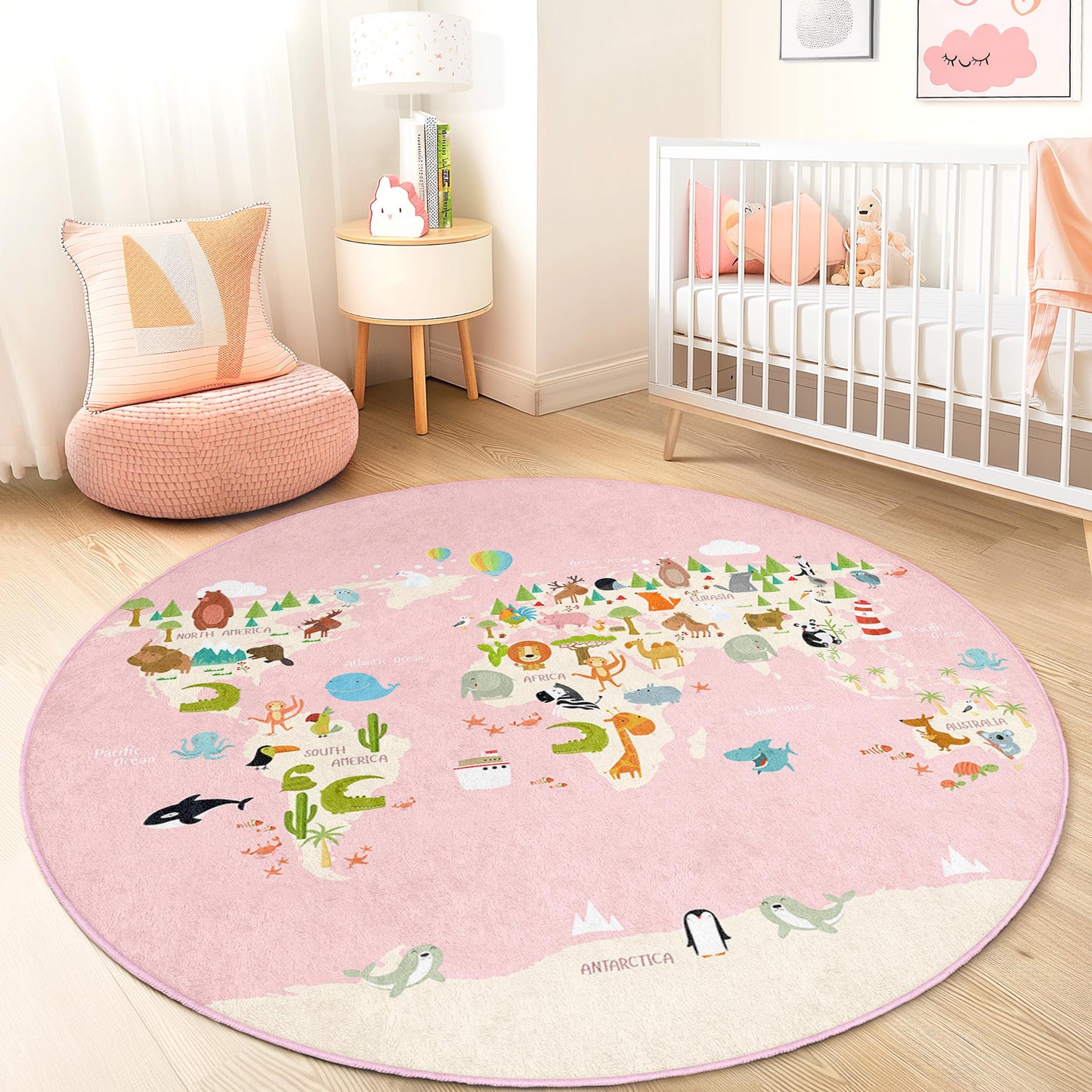 World Map Kids Play Rug, Round Animal Adventure Rug, Nursery Decor, Interactive Play Mat for Children, Soft and Cozy Carpet