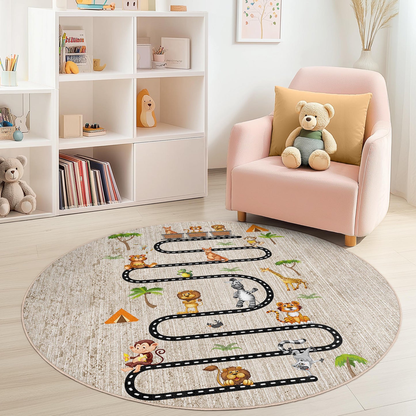 Jungle Adventure Round Kids Play Rug, Animal Theme Play Mat, Soft Round Carpet for Kids Room, Interactive Kids Rug, Nursery Decor