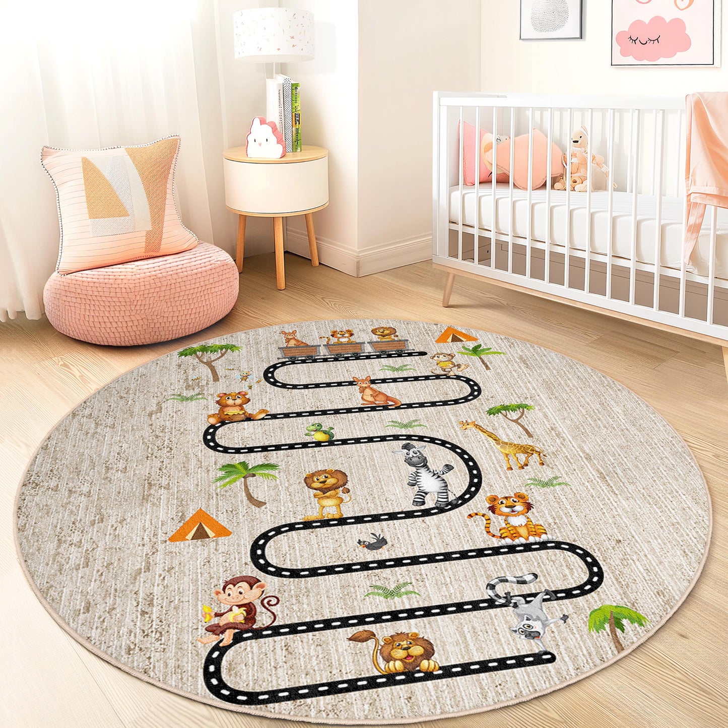 Jungle Adventure Round Kids Play Rug, Animal Theme Play Mat, Soft Round Carpet for Kids Room, Interactive Kids Rug, Nursery Decor