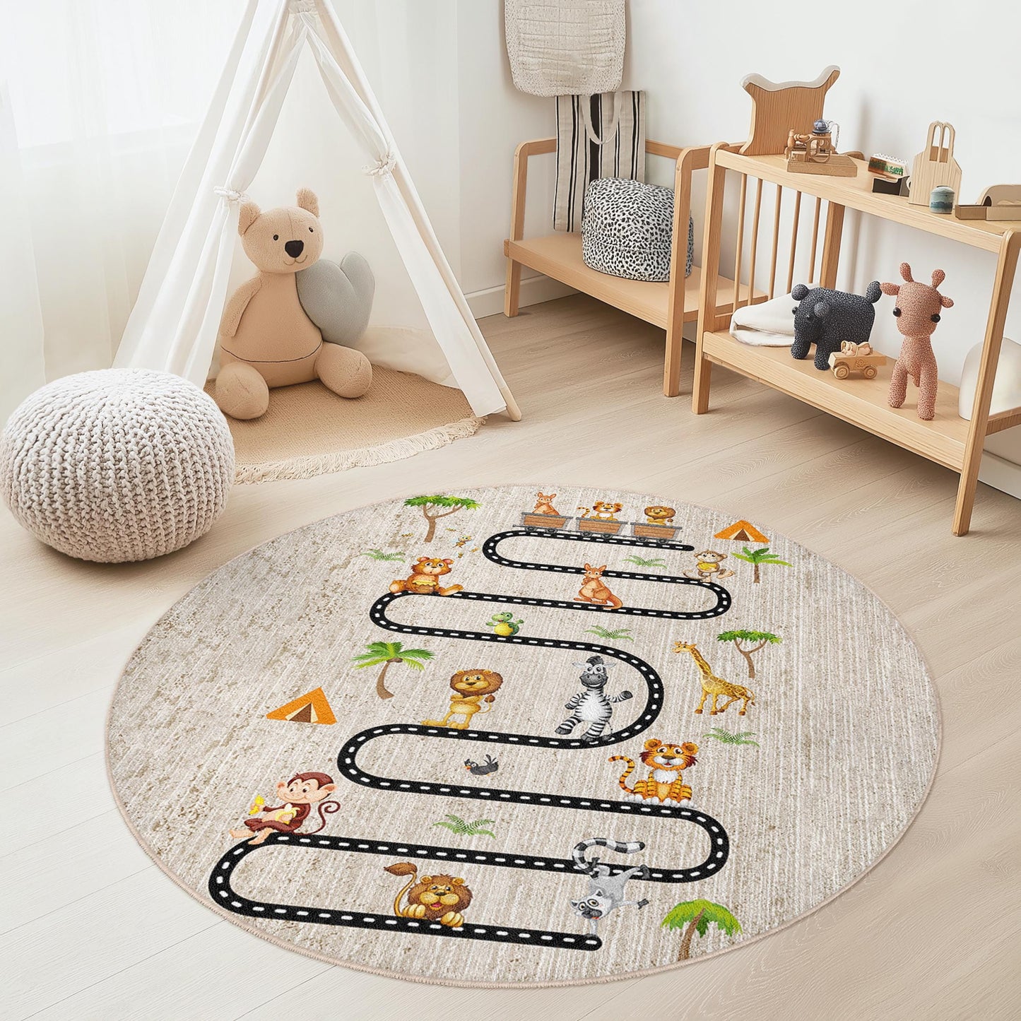 Jungle Adventure Round Kids Play Rug, Animal Theme Play Mat, Soft Round Carpet for Kids Room, Interactive Kids Rug, Nursery Decor