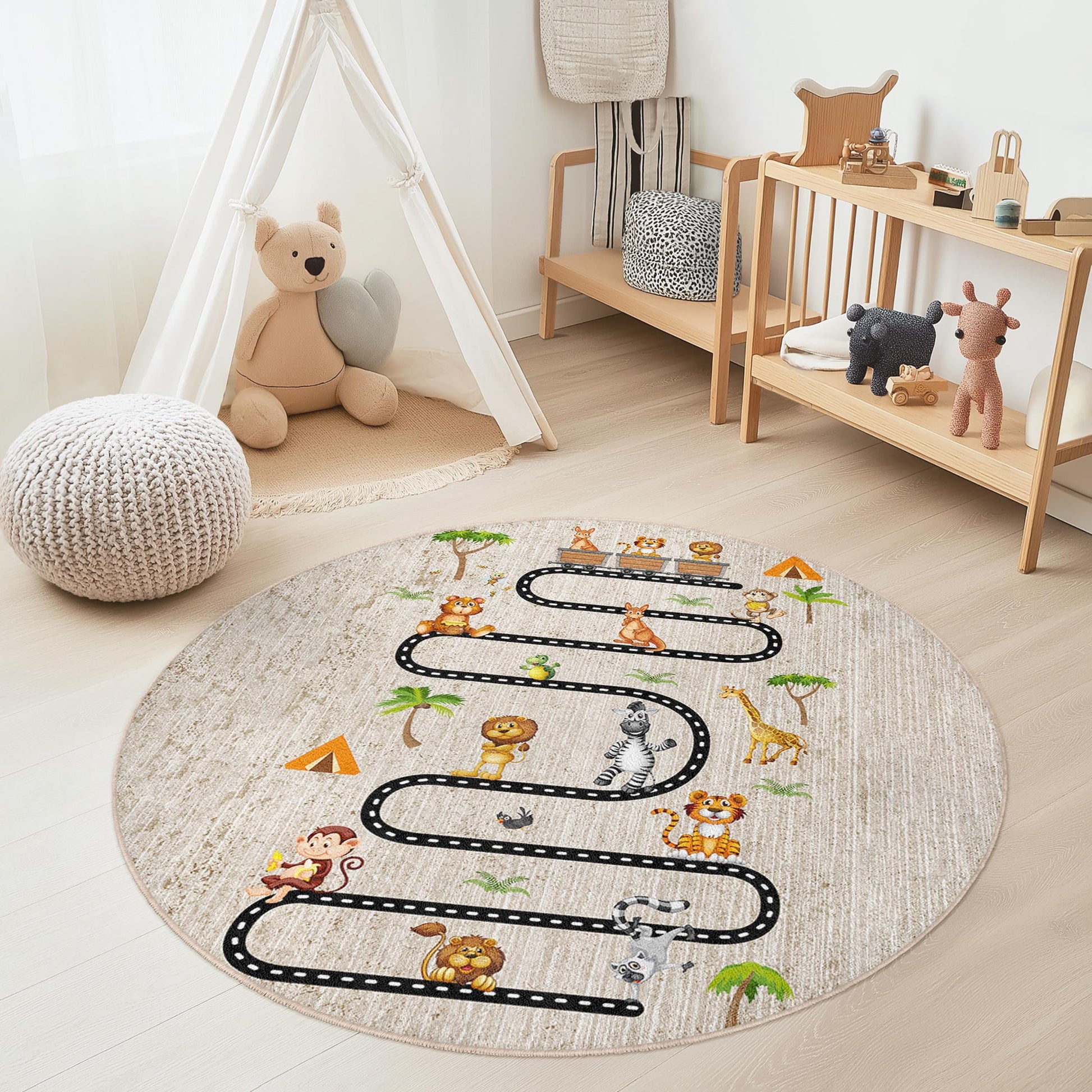 Jungle Adventure Round Kids Play Rug, Animal Theme Play Mat, Soft Round Carpet for Kids Room, Interactive Kids Rug, Nursery Decor