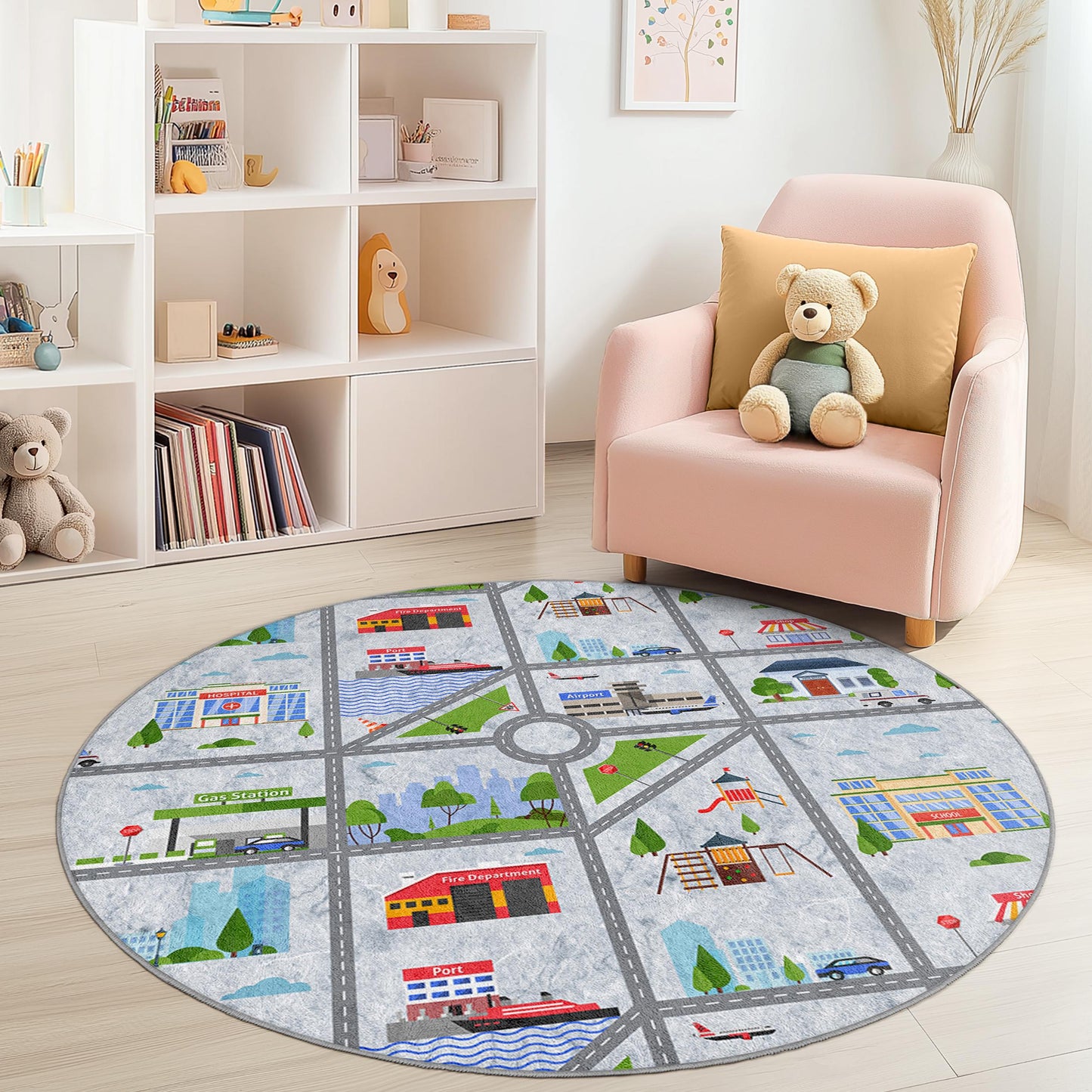 City Map Round Kids Play Rug, Interactive Play Mat for Kids Room, Soft Round Carpet for Playroom, Educational Kids Rug