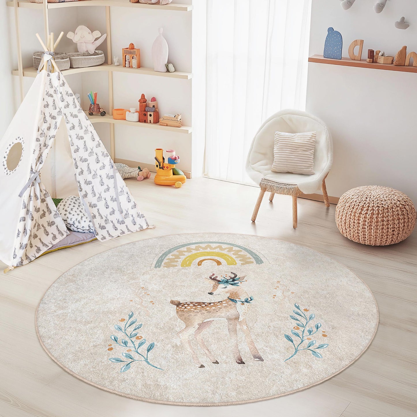 Whimsical Deer Round Kids Rug, Cute Animal Nursery Rug, Playful Round Carpet for Children's Room, Soft and Cozy Play Mat