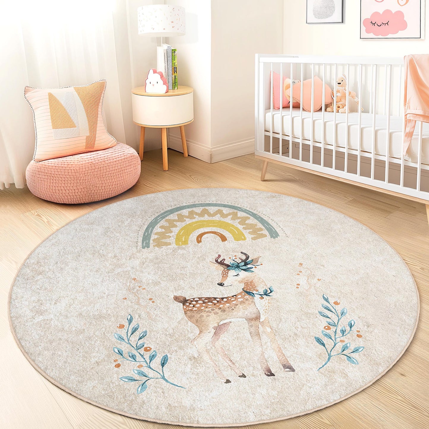 Whimsical Deer Round Kids Rug, Cute Animal Nursery Rug, Playful Round Carpet for Children's Room, Soft and Cozy Play Mat