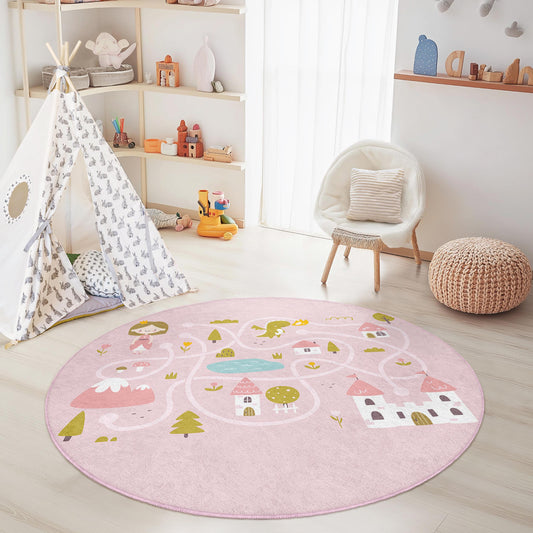 Fairytale Adventure Round Kids Play Rug, Princess Dragon Design, Play Mat for Girls Room, Nursery Decor, Colorful Kids Carpet
