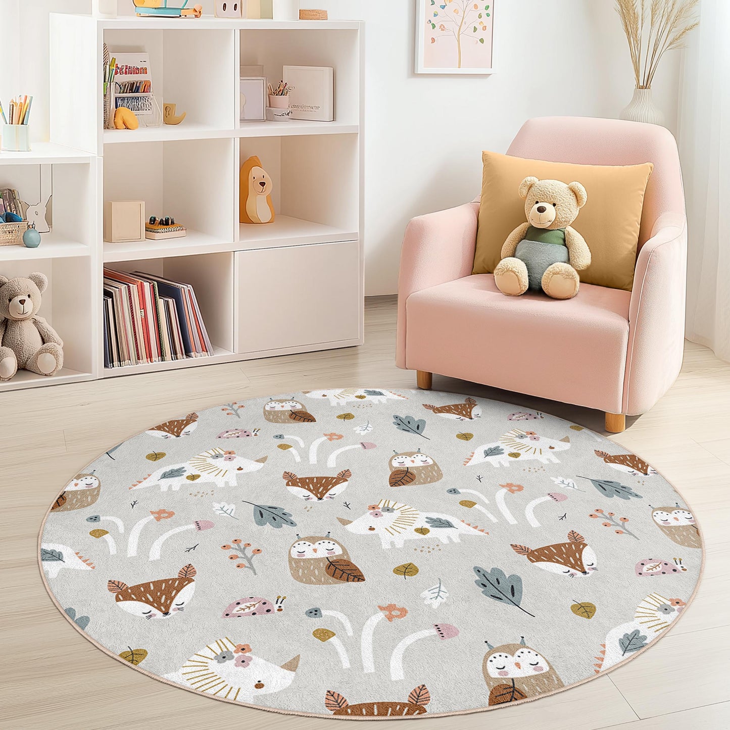 Whimsical Forest Animals Round Kids Rug, Cute Animal Print Rug, Nursery Decor, Playroom Carpet, Soft Round Area Rug