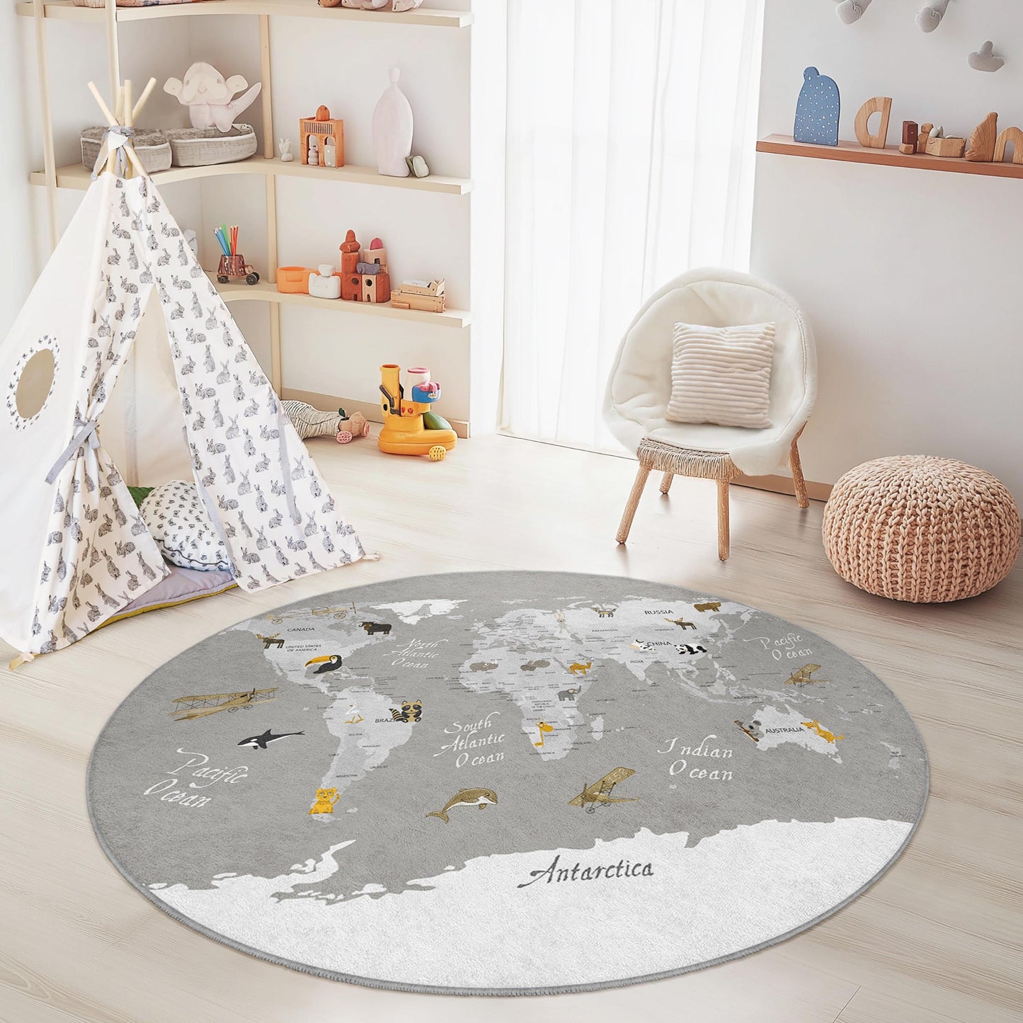 World Map Animal Rug, Round Kids Play Rug, Educational Kids Carpet, Animal Theme Area Rug, Nursery Decor, Playroom Rug