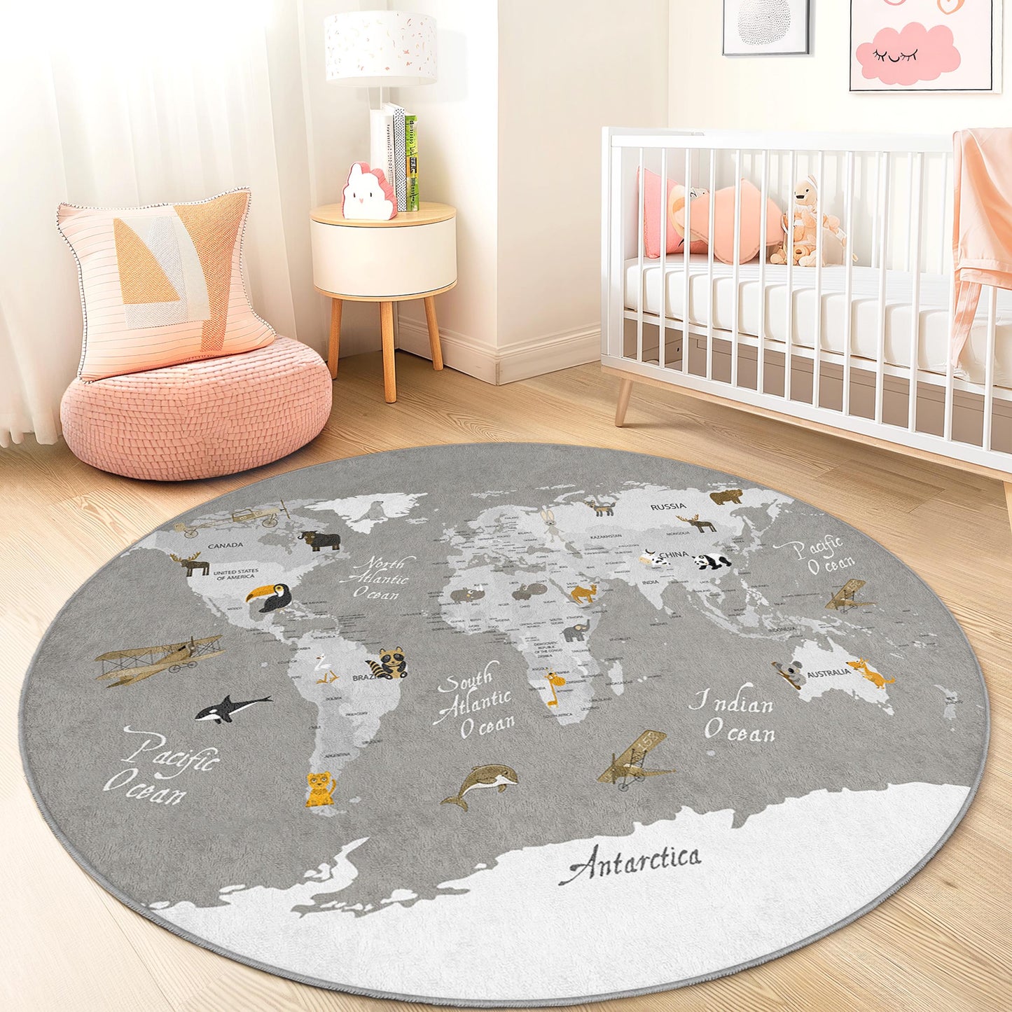 World Map Animal Rug, Round Kids Play Rug, Educational Kids Carpet, Animal Theme Area Rug, Nursery Decor, Playroom Rug
