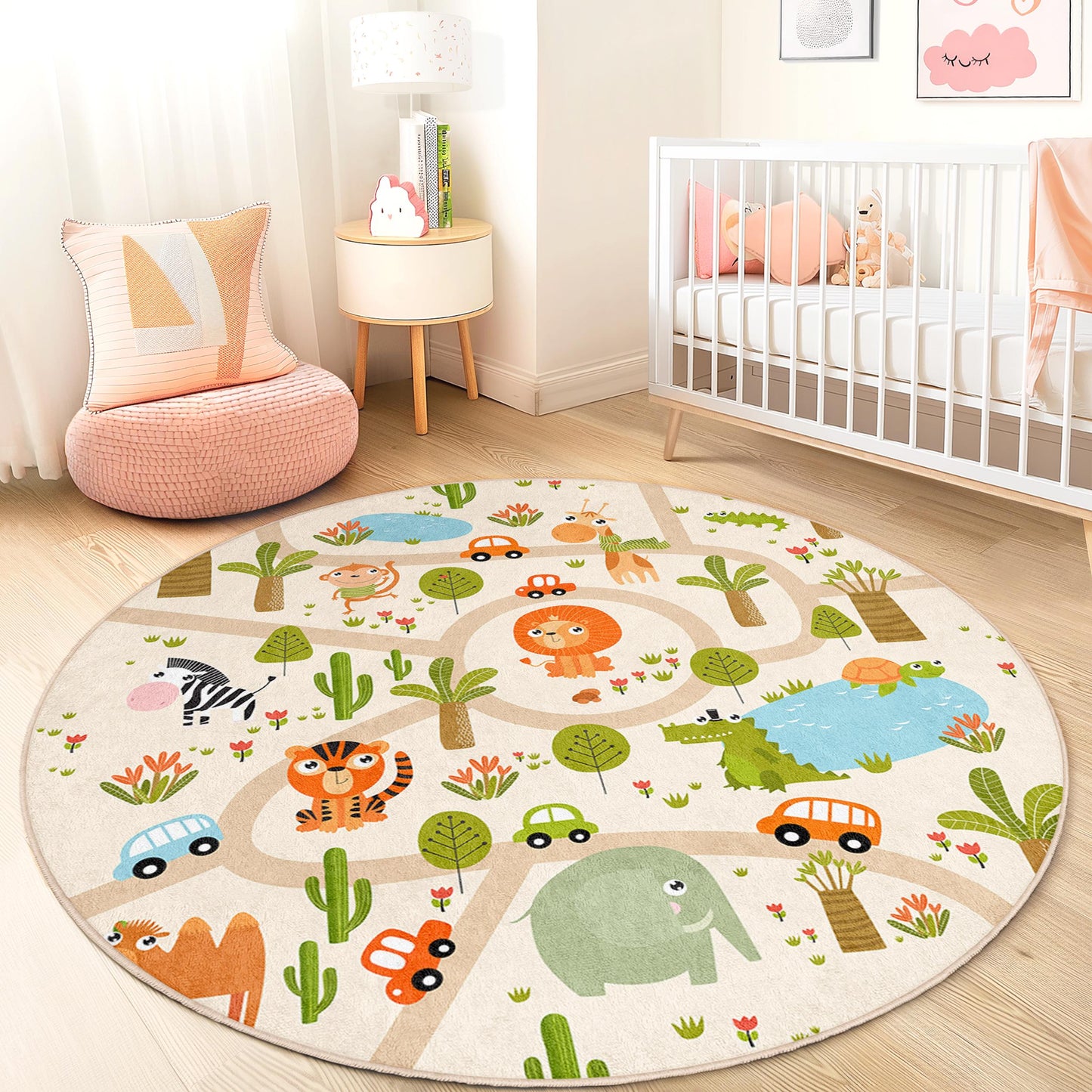 Playful Animal Adventure Round Kids Rug, Safari Theme Rug, Interactive Play Mat for Nursery, Childrens Room Decor
