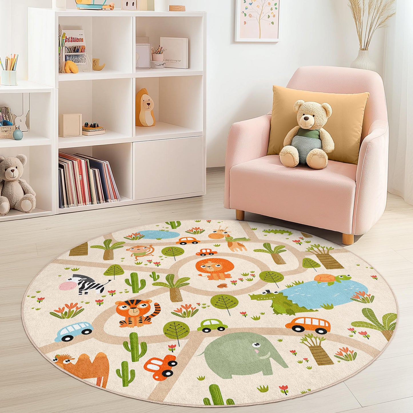 Playful Animal Adventure Round Kids Rug, Safari Theme Rug, Interactive Play Mat for Nursery, Childrens Room Decor