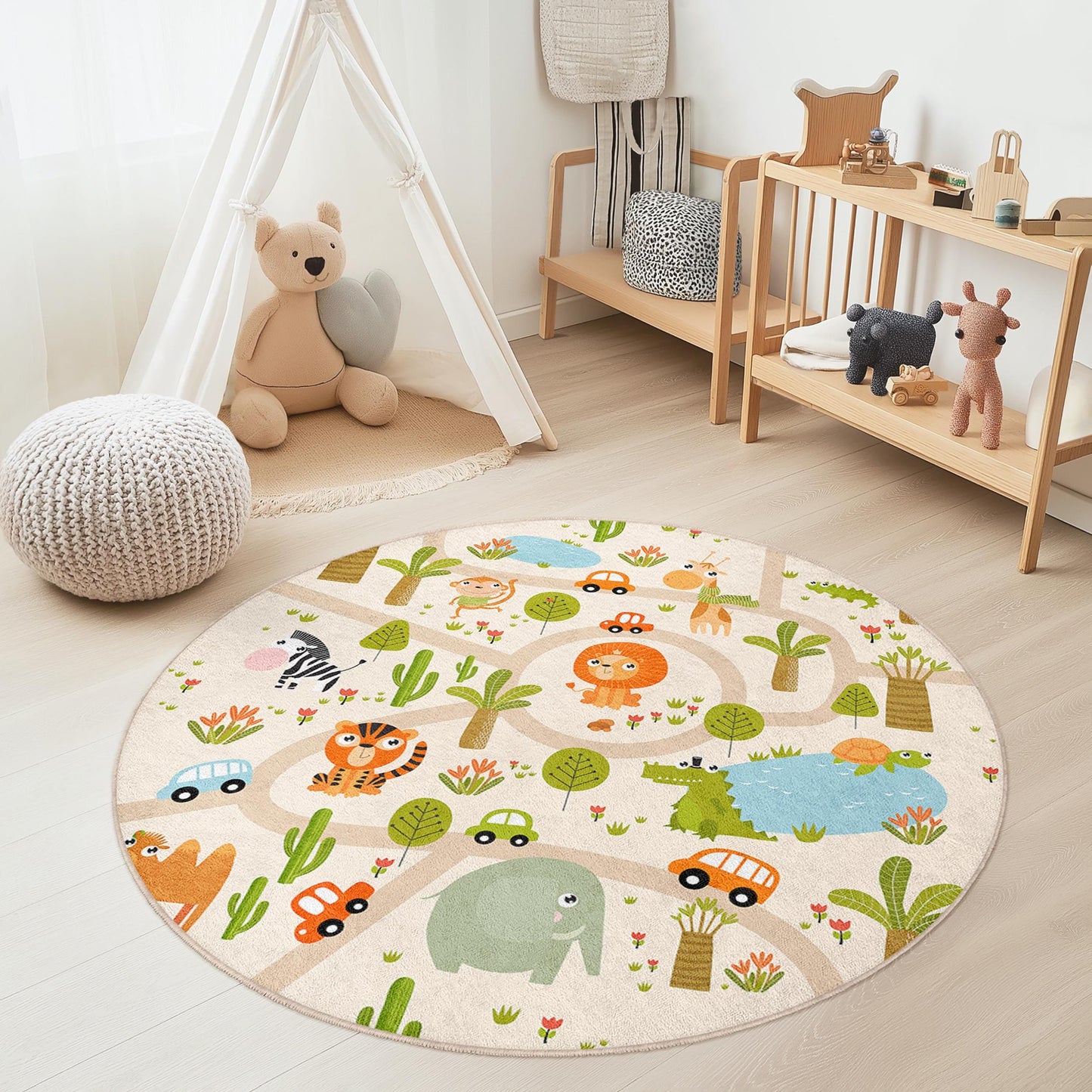 Playful Animal Adventure Round Kids Rug, Safari Theme Rug, Interactive Play Mat for Nursery, Childrens Room Decor