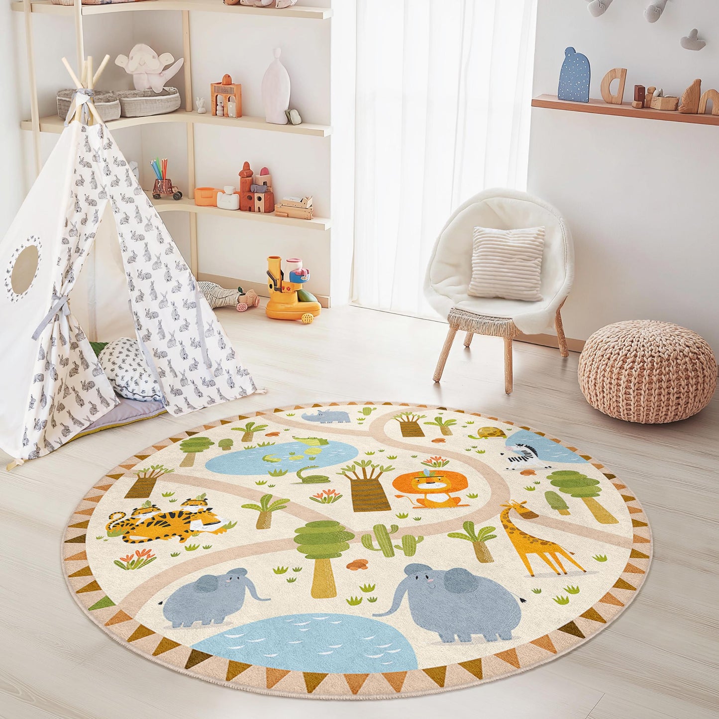 Safari Adventure Round Kids Play Rug, Jungle Animal Kids Carpet, Nursery Decor, Interactive Play Mat, Kids Room Rug, Fun Playtime Rug