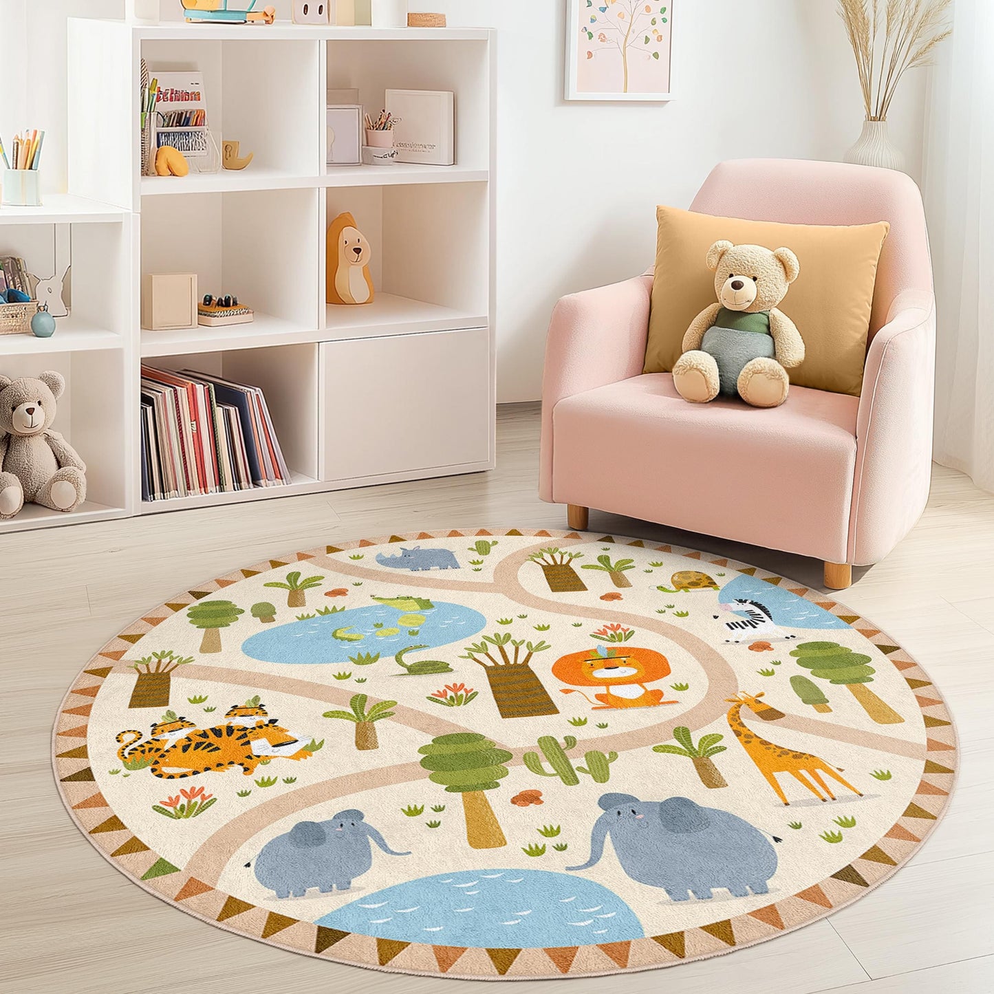 Safari Adventure Round Kids Play Rug, Jungle Animal Kids Carpet, Nursery Decor, Interactive Play Mat, Kids Room Rug, Fun Playtime Rug