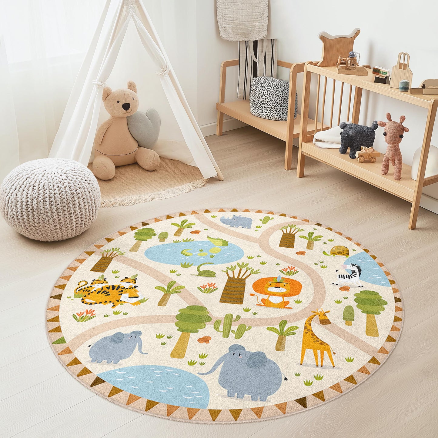 Safari Adventure Round Kids Play Rug, Jungle Animal Kids Carpet, Nursery Decor, Interactive Play Mat, Kids Room Rug, Fun Playtime Rug