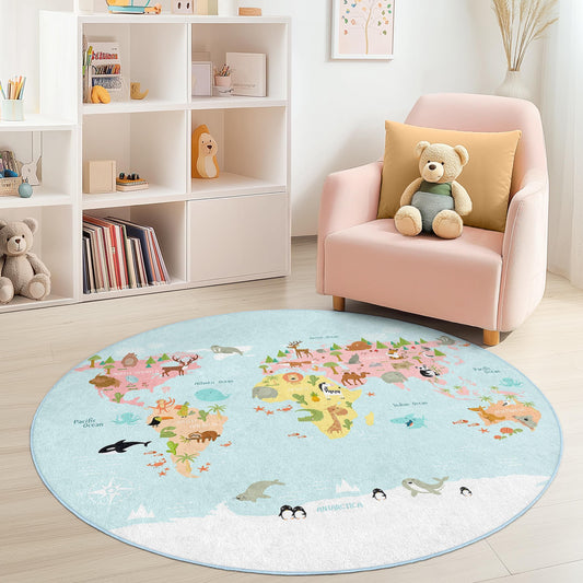 Colorful Animal World Map Round Kids Rug, Educational Play Mat for Children, Soft Nursery Decor, Playroom Area Rug, Kids Room Carpet
