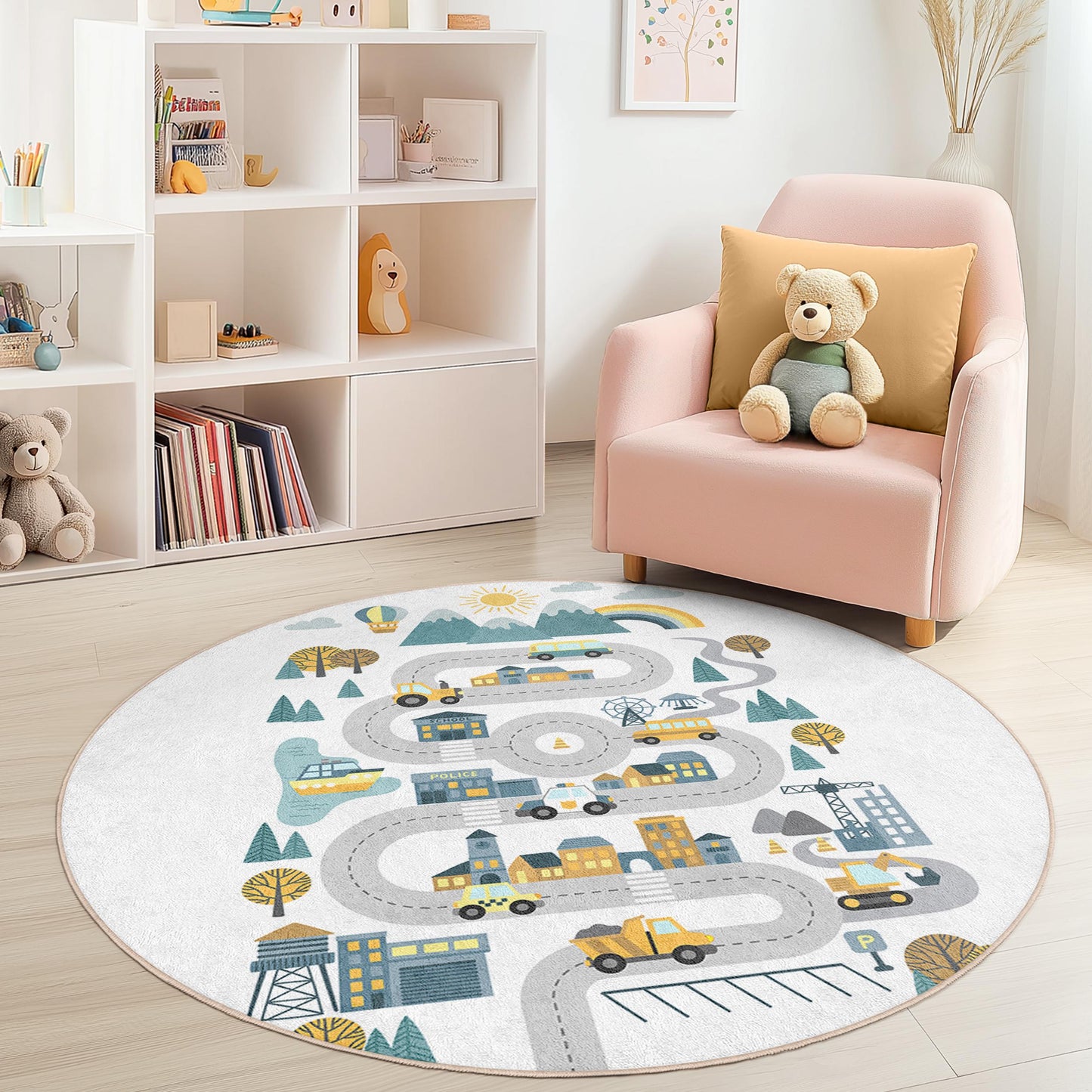 Colorful Road Map Round Kids Play Rug, Interactive Children's Carpet, Nursery Decor, Playroom Mat, Soft and Cozy Rug