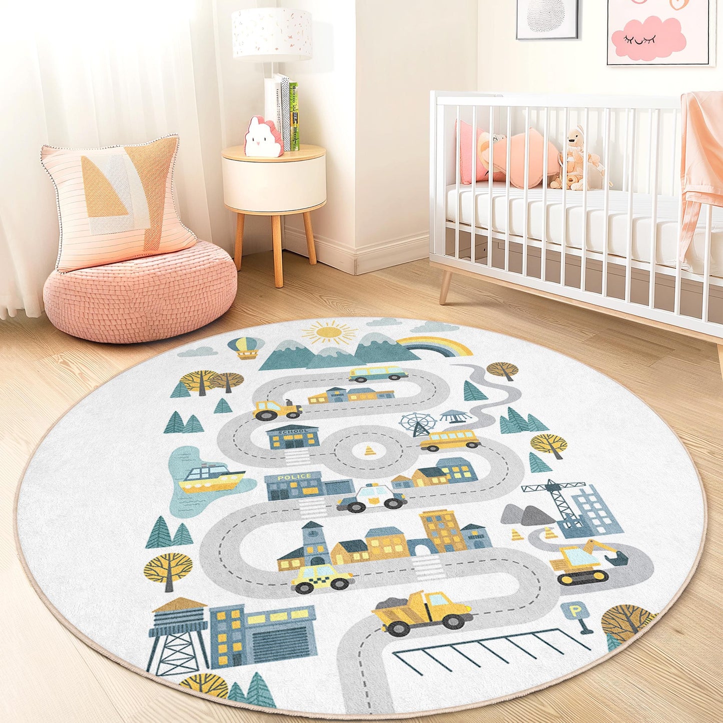 Colorful Road Map Round Kids Play Rug, Interactive Children's Carpet, Nursery Decor, Playroom Mat, Soft and Cozy Rug