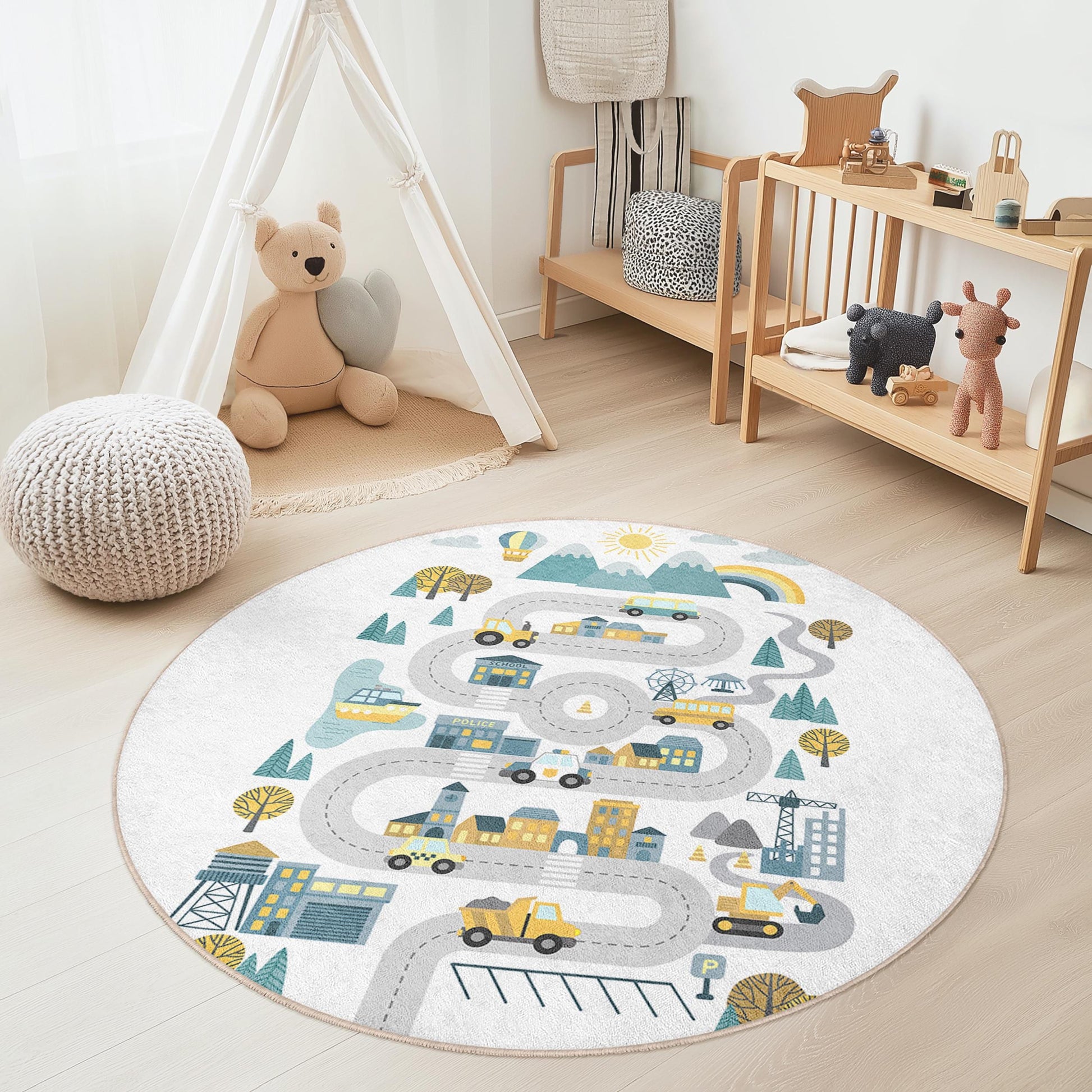 Colorful Road Map Round Kids Play Rug, Interactive Children's Carpet, Nursery Decor, Playroom Mat, Soft and Cozy Rug