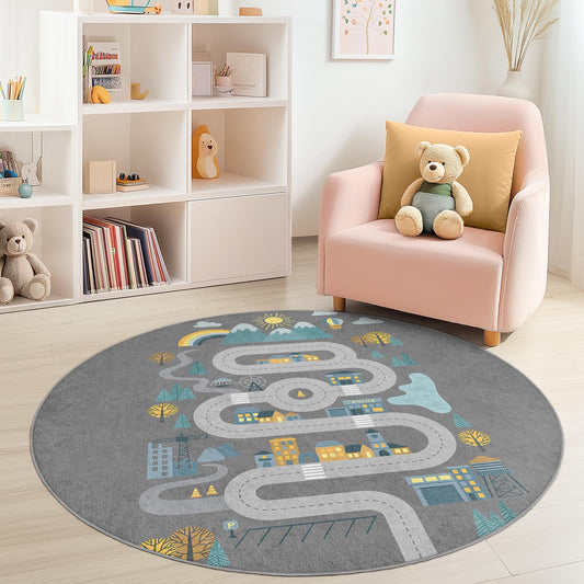 Colorful Road Map Round Kids Rug, Interactive Play Mat for Children's Room, Soft Nursery Decor, Playroom Area Rug