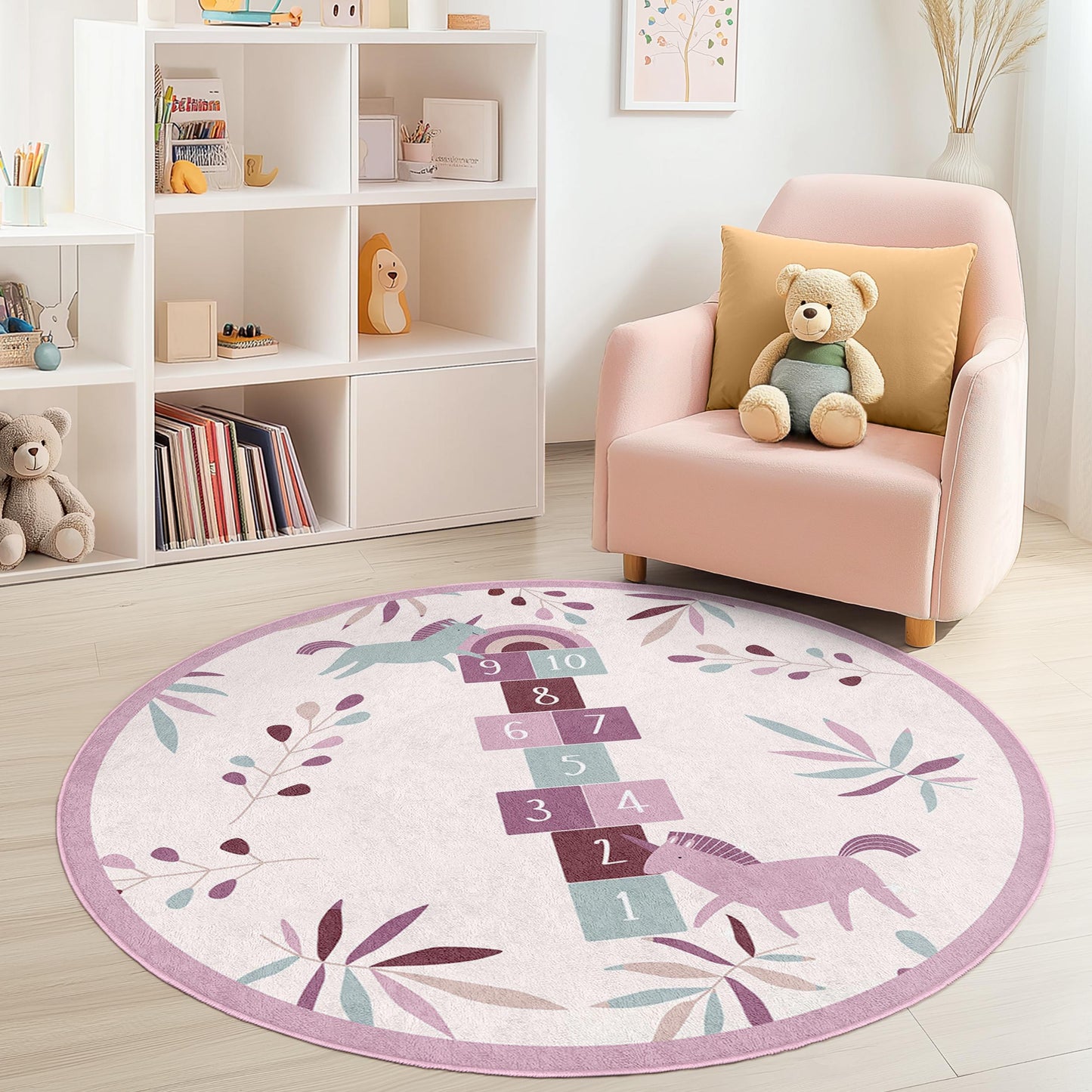 Unicorn Hopscotch Round Kids Rug, Floral Play Mat for Nursery, Soft Children's Carpet, Playroom Decor, Kids Room Essentials
