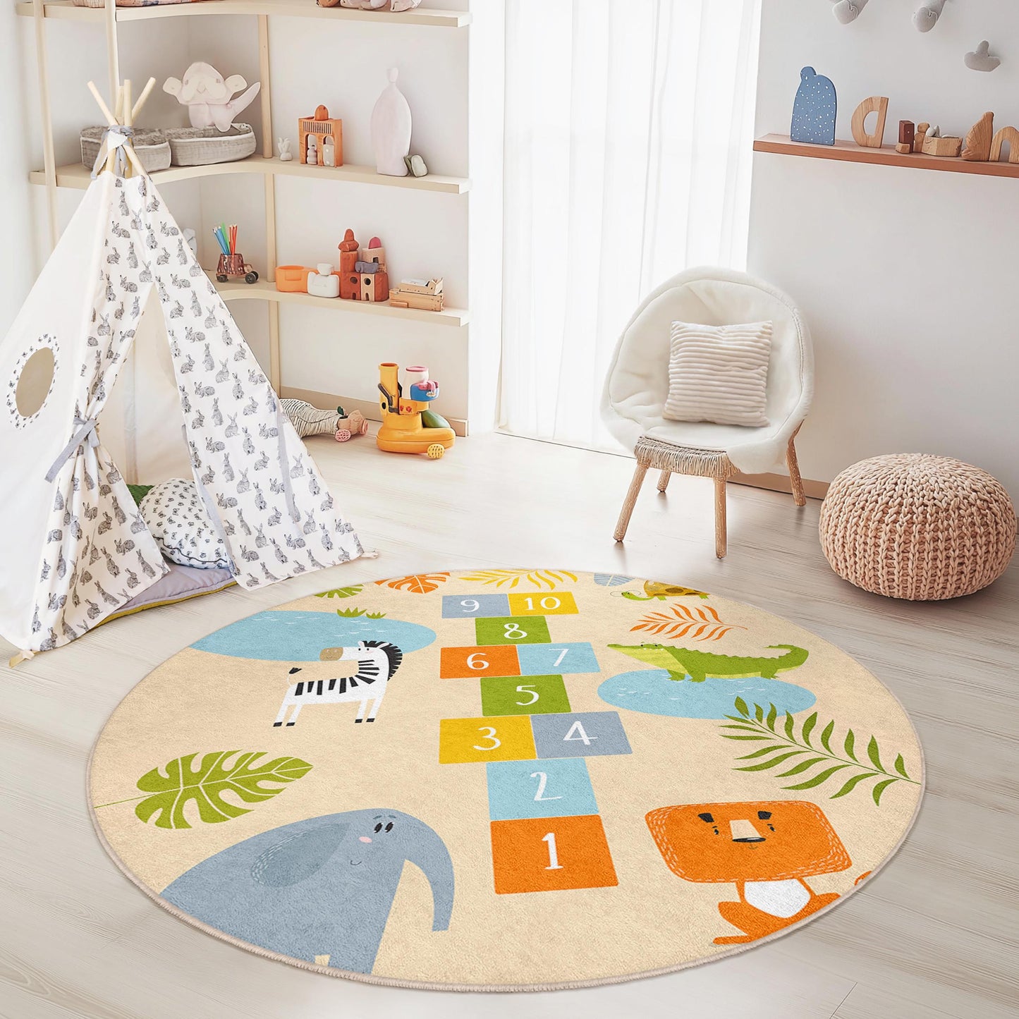 Playful Animal Round Rug for Kids Room, Hopscotch Design, Soft Nursery Carpet, Interactive Play Mat, Kids Decor, Jungle Theme Rug