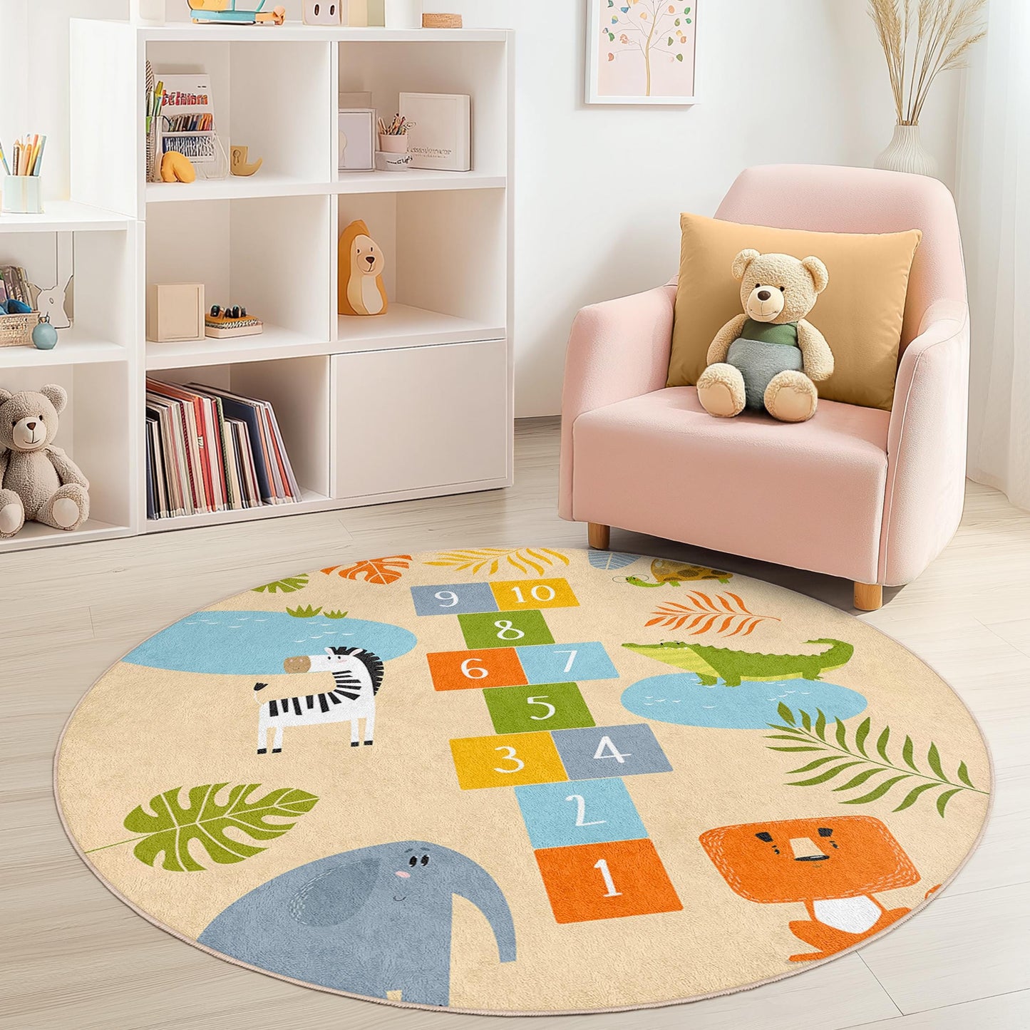 Playful Animal Round Rug for Kids Room, Hopscotch Design, Soft Nursery Carpet, Interactive Play Mat, Kids Decor, Jungle Theme Rug