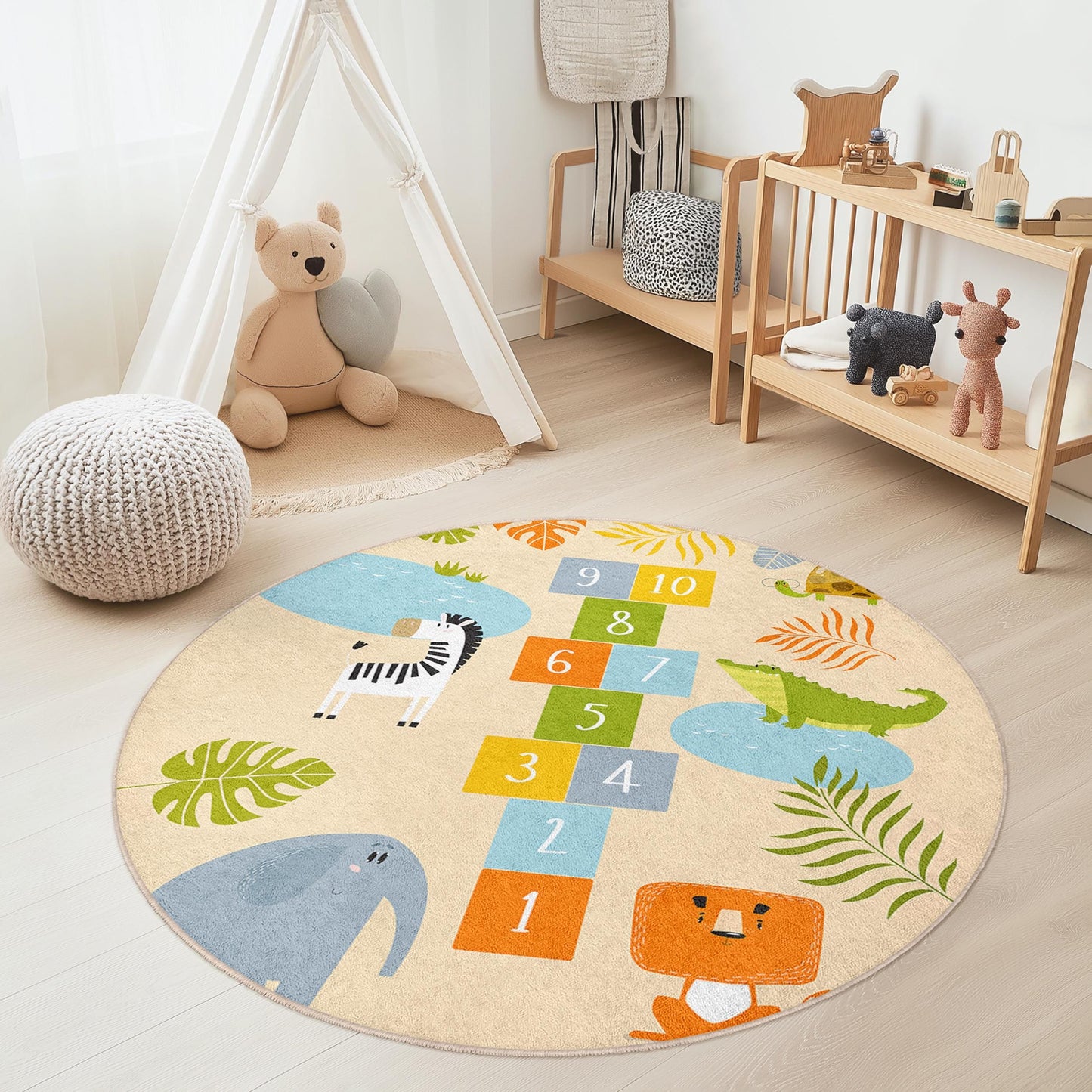 Playful Animal Round Rug for Kids Room, Hopscotch Design, Soft Nursery Carpet, Interactive Play Mat, Kids Decor, Jungle Theme Rug