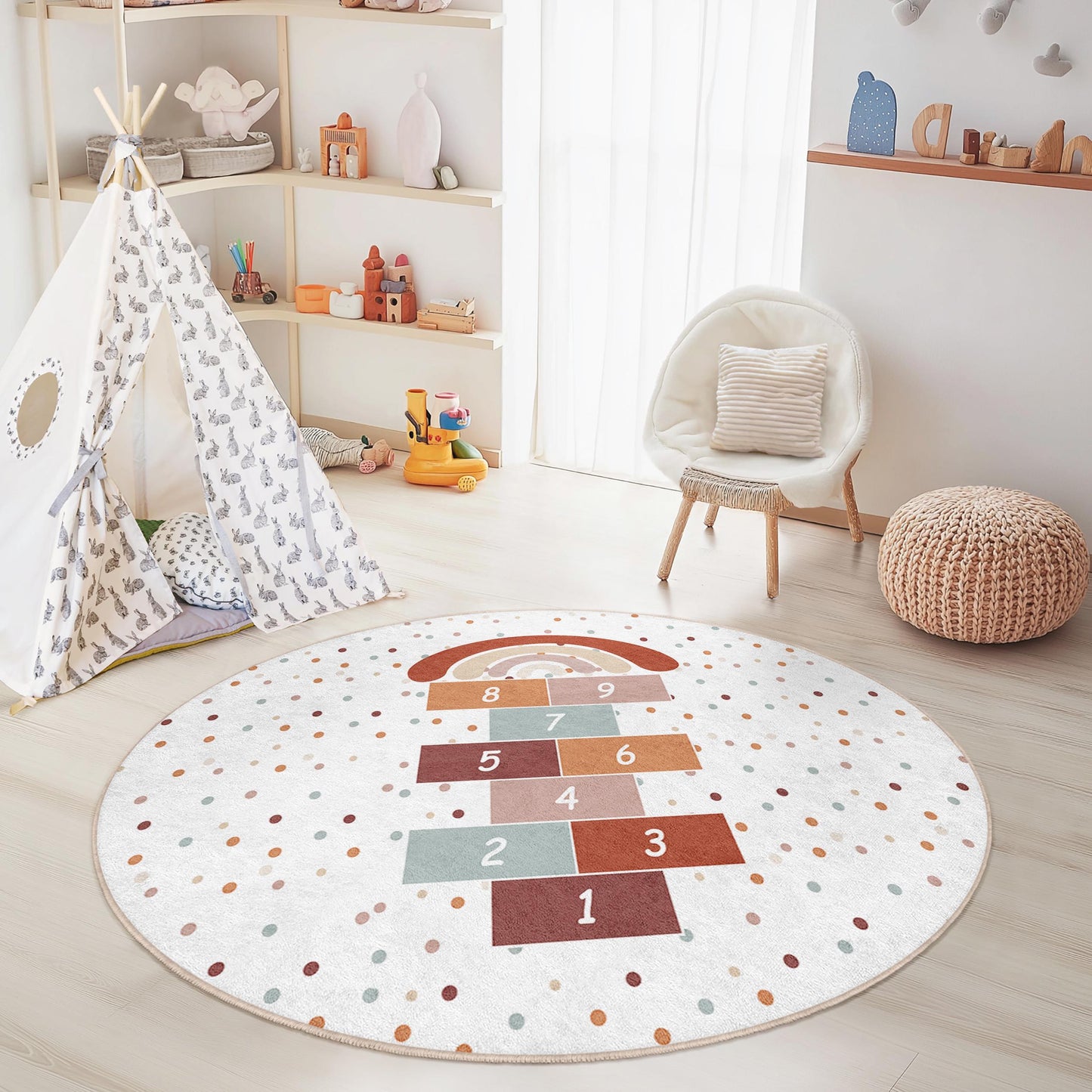 Rainbow Hopscotch Round Play Rug, Kids Round Carpet, Playroom Decor, Soft Circle Rug, Nursery Mat, Colorful Kids Rug