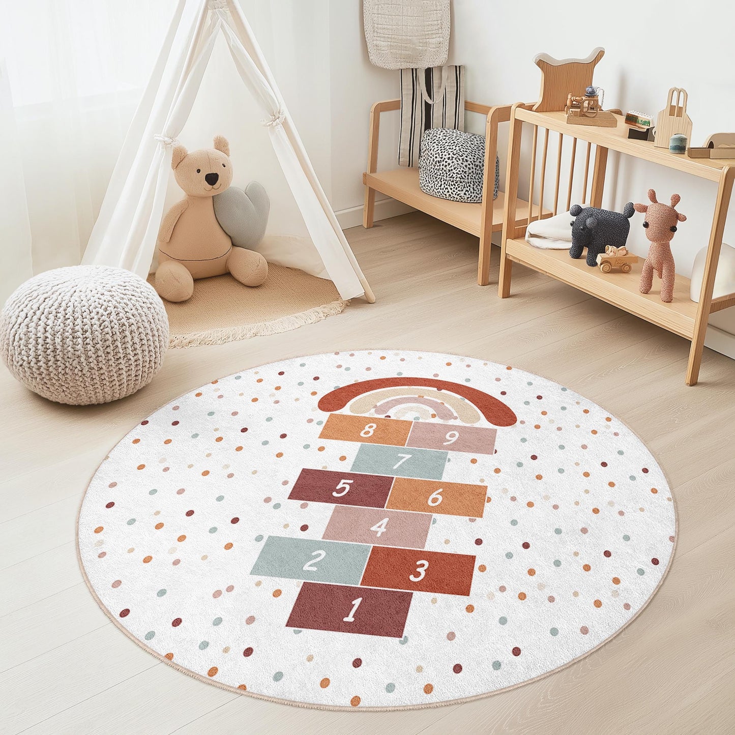 Rainbow Hopscotch Round Play Rug, Kids Round Carpet, Playroom Decor, Soft Circle Rug, Nursery Mat, Colorful Kids Rug