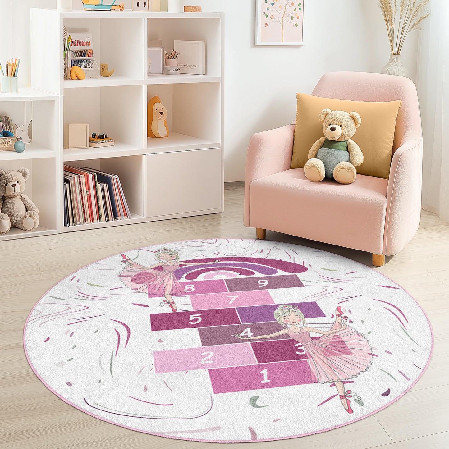 Ballet Dance Round Kids Rug, Hopscotch Play Mat for Girls, Ballet Themed Carpet, Childrens Room Decor, Playroom Rug