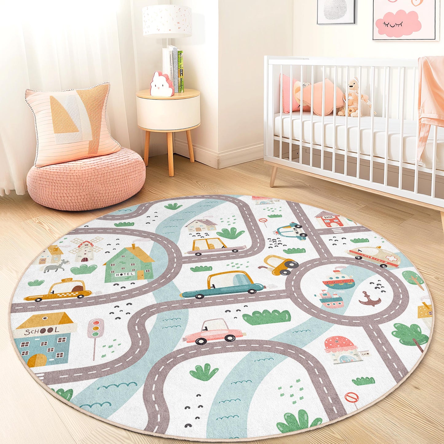 Playful Road Map Round Kids Rug, Interactive Car Theme Rug, Soft Play Mat for Children's Room, Nursery Decor, Fun Activity Rug