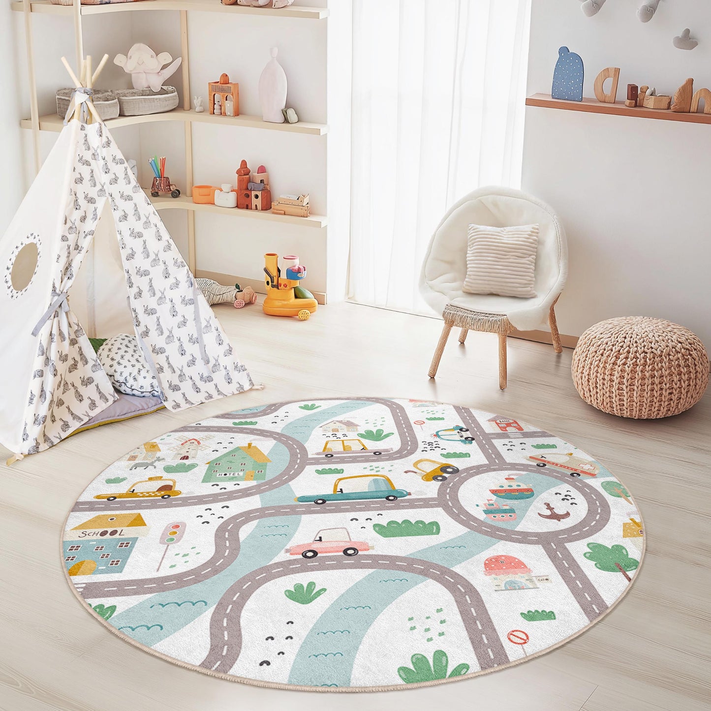 Playful Road Map Round Kids Rug, Interactive Car Theme Rug, Soft Play Mat for Children's Room, Nursery Decor, Fun Activity Rug